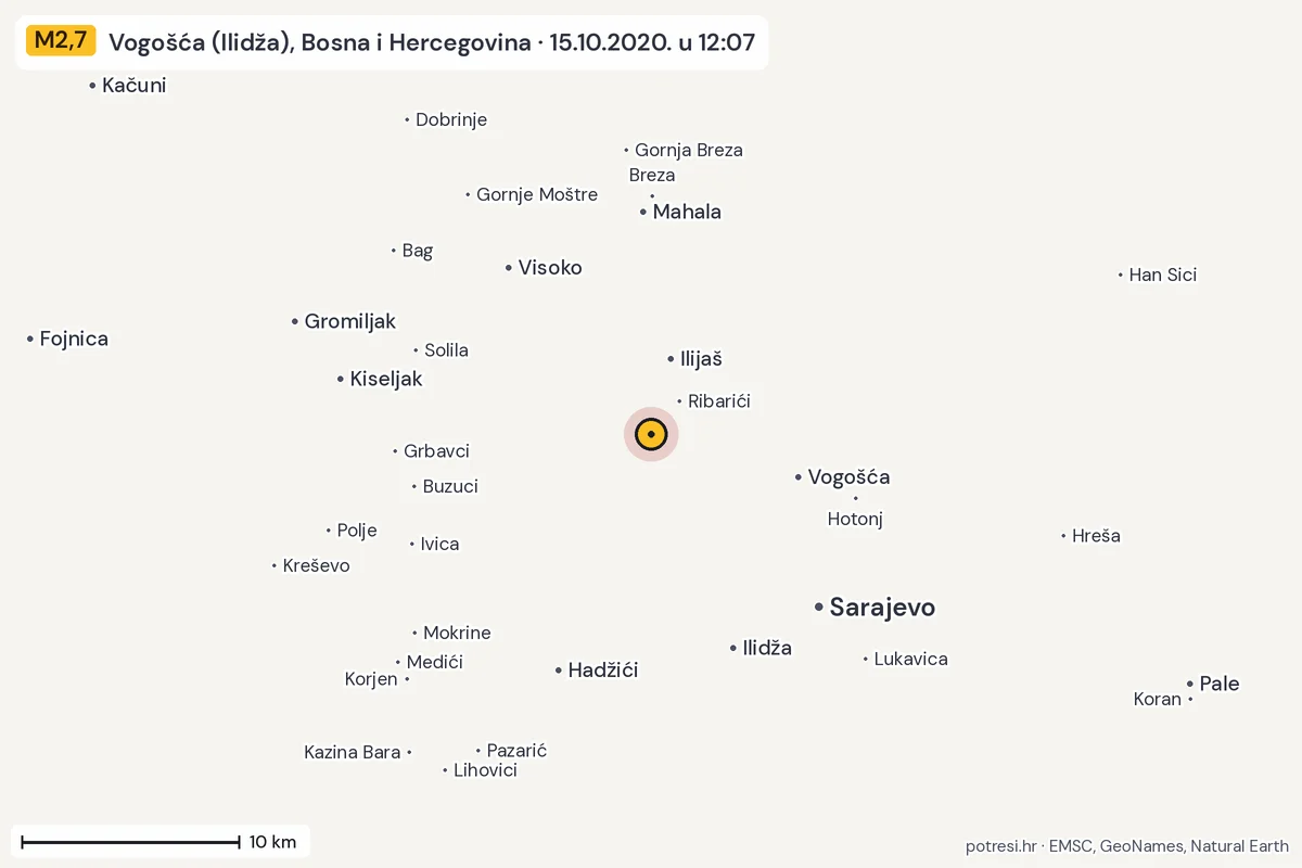 Karta: okolica epicentra, 60 km, potres M2,7, Vogošća (Ilidža), Bosna i Hercegovina, 15.10.2020.