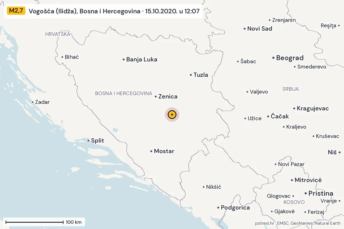 Karta: šire područje, 600 km, potres M2,7, Vogošća (Ilidža), Bosna i Hercegovina, 15.10.2020.