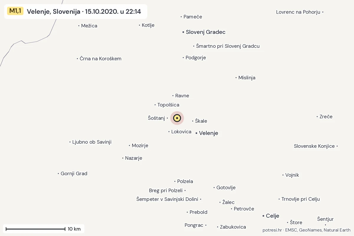 Karta: okolica epicentra, 60 km, potres M1,1, Velenje, Slovenija, 15.10.2020.