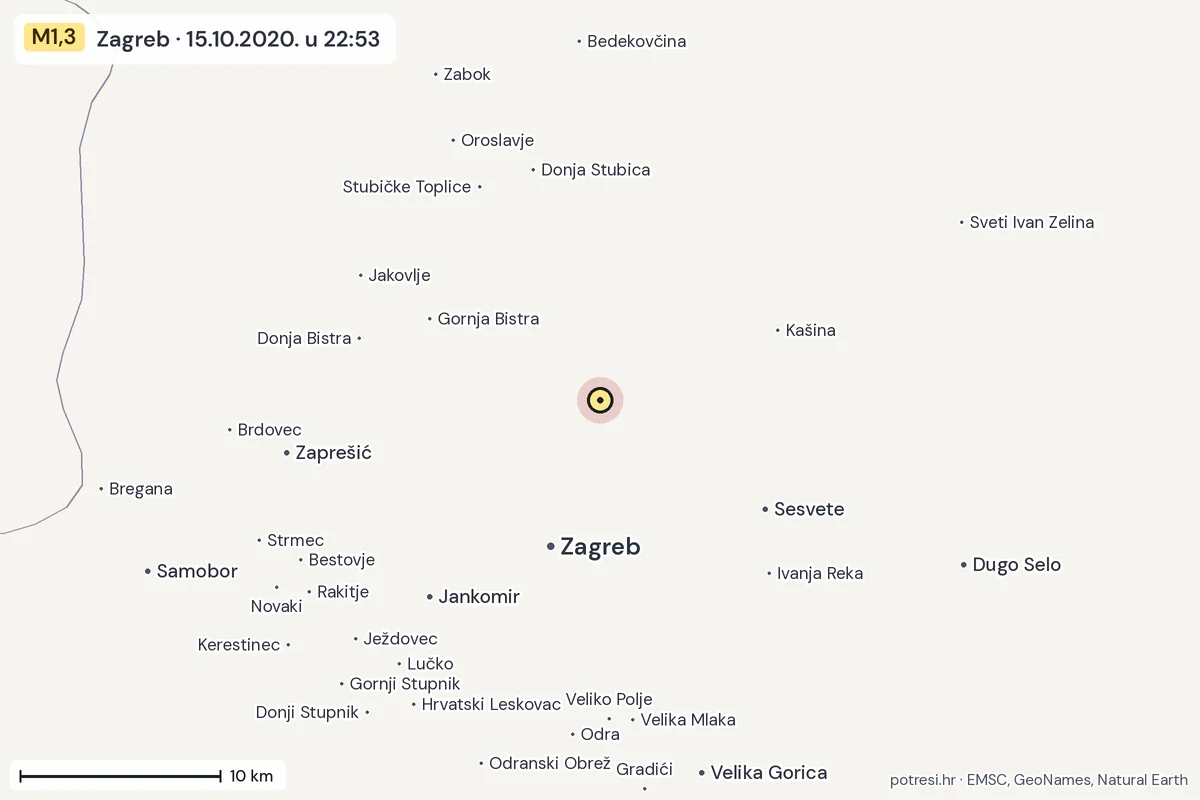 Karta: okolica epicentra, 60 km, potres M1,3, Zagreb, 15.10.2020.