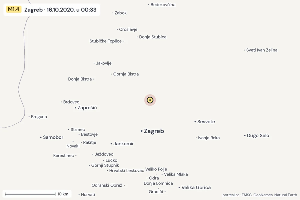 Karta: okolica epicentra, 60 km, potres M1,4, Zagreb, 16.10.2020.