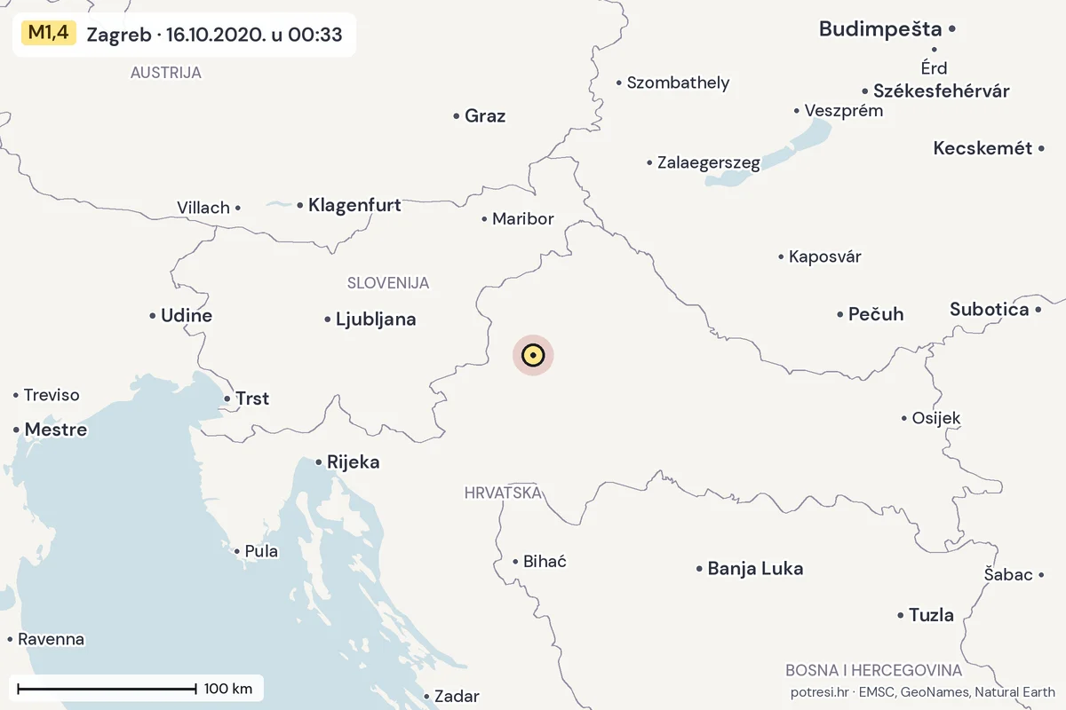 Karta: šire područje, 600 km, potres M1,4, Zagreb, 16.10.2020.