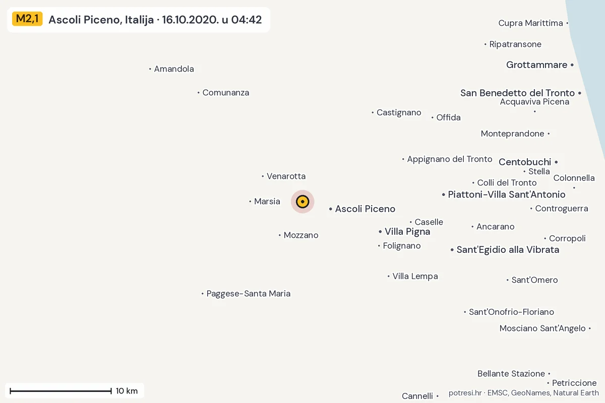 Karta: okolica epicentra, 60 km, potres M2,1, Ascoli Piceno, Italija, 16.10.2020.