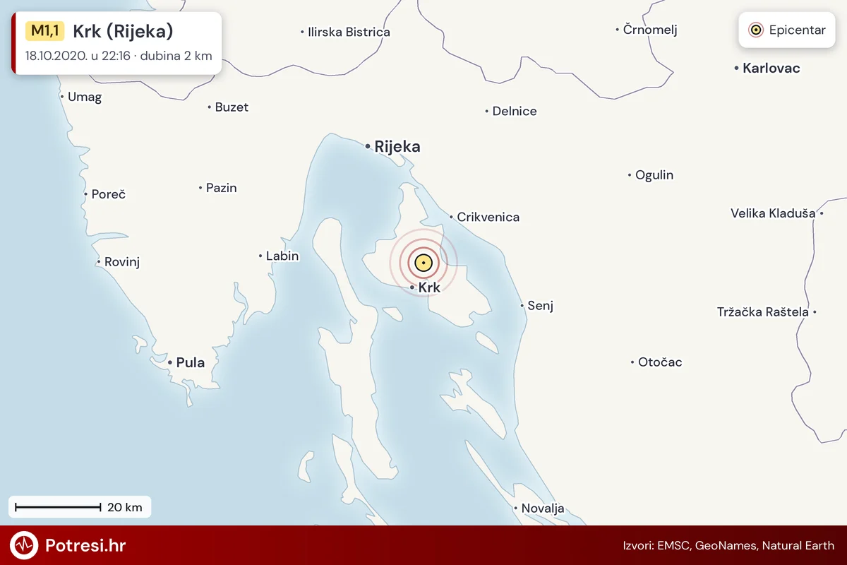 Karta: šire područje i vjerojatni doseg osjeta, potres M1,1, Krk (Rijeka), 18.10.2020.