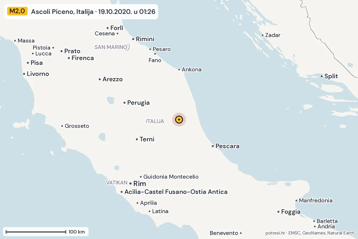 Karta: šire područje, 600 km, potres M2,0, Ascoli Piceno, Italija, 19.10.2020.