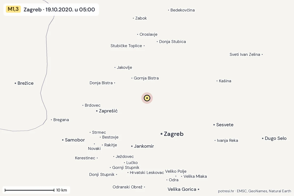 Karta: okolica epicentra, 60 km, potres M1,3, Zagreb, 19.10.2020.
