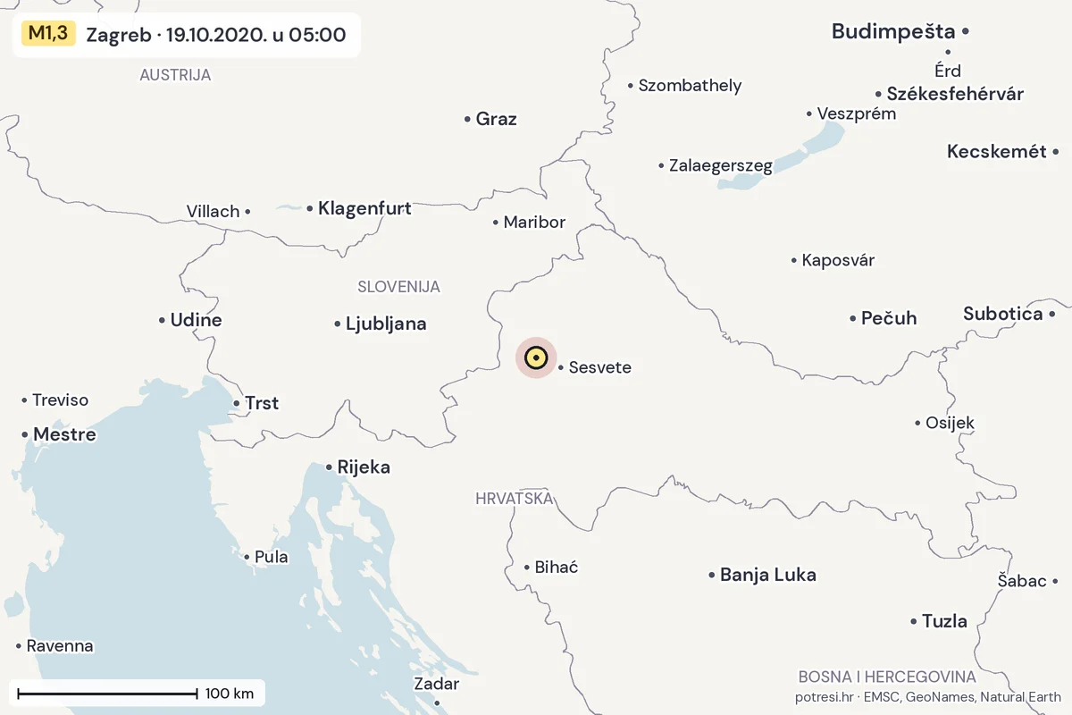 Karta: šire područje, 600 km, potres M1,3, Zagreb, 19.10.2020.