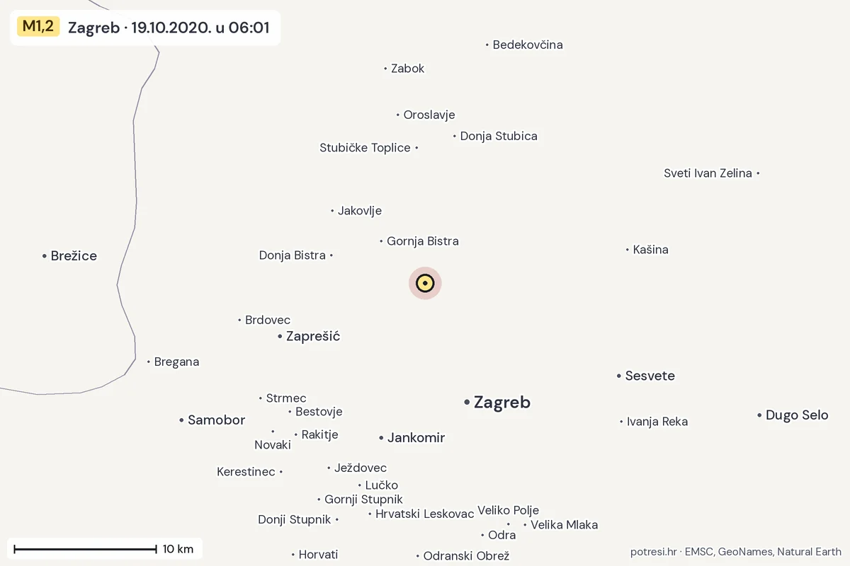 Karta: okolica epicentra, 60 km, potres M1,2, Zagreb, 19.10.2020.