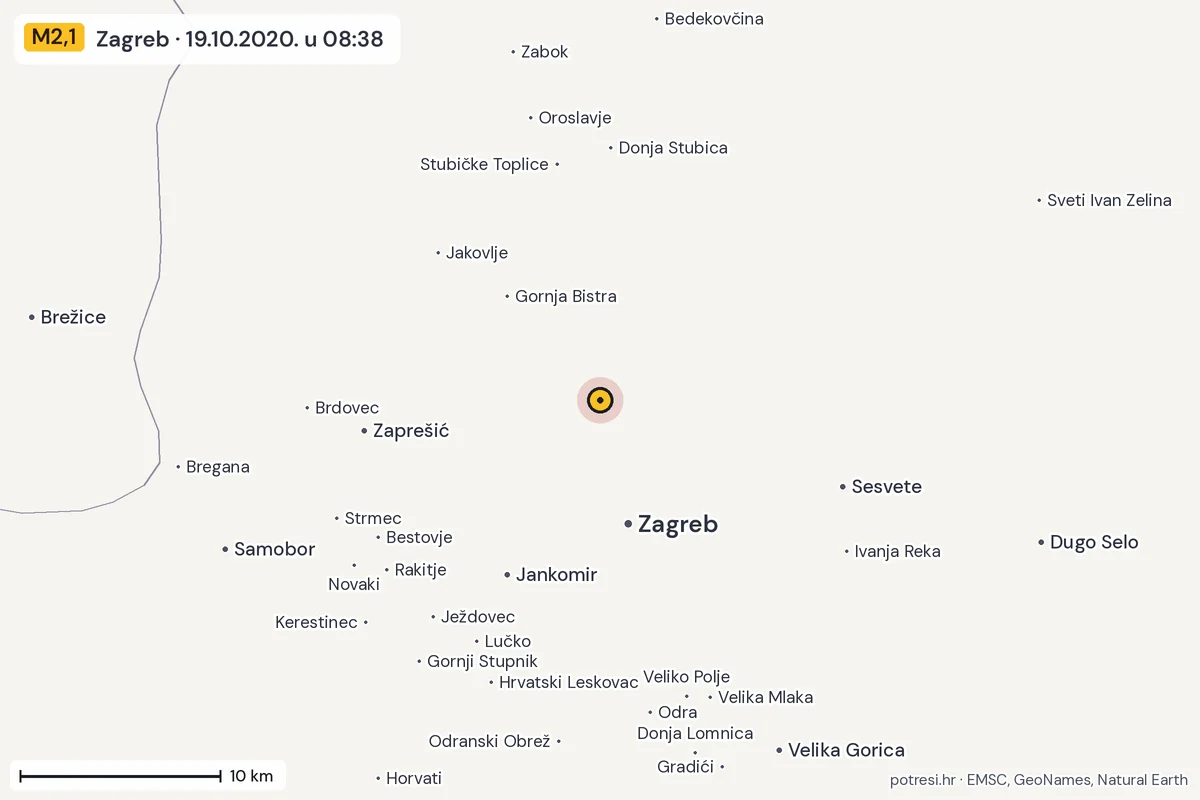 Karta: okolica epicentra, 60 km, potres M2,1, Zagreb, 19.10.2020.