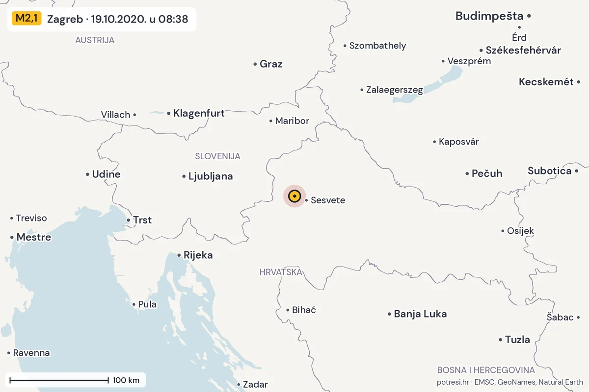 Karta: šire područje, 600 km, potres M2,1, Zagreb, 19.10.2020.