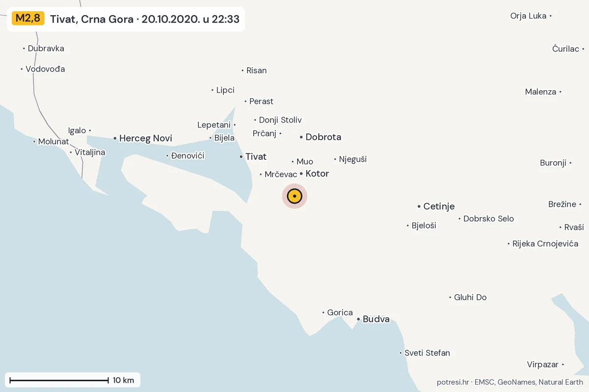 Karta: okolica epicentra, 60 km, potres M2,8, Tivat, Crna Gora, 20.10.2020.