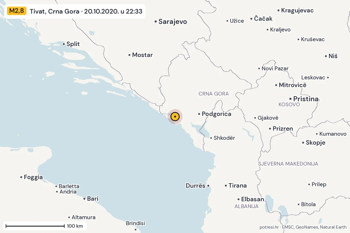 Karta: šire područje, 600 km, potres M2,8, Tivat, Crna Gora, 20.10.2020.