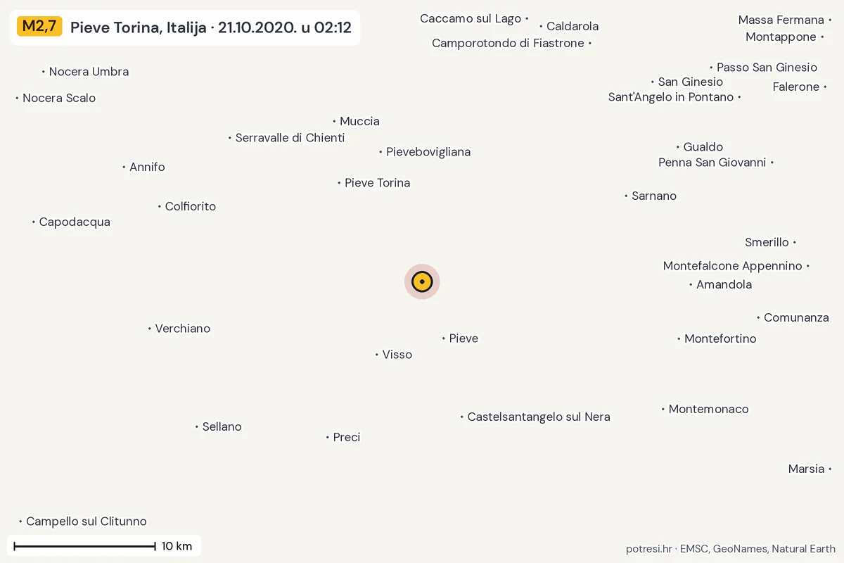 Karta: okolica epicentra, 60 km, potres M2,7, Pieve Torina, Italija, 21.10.2020.