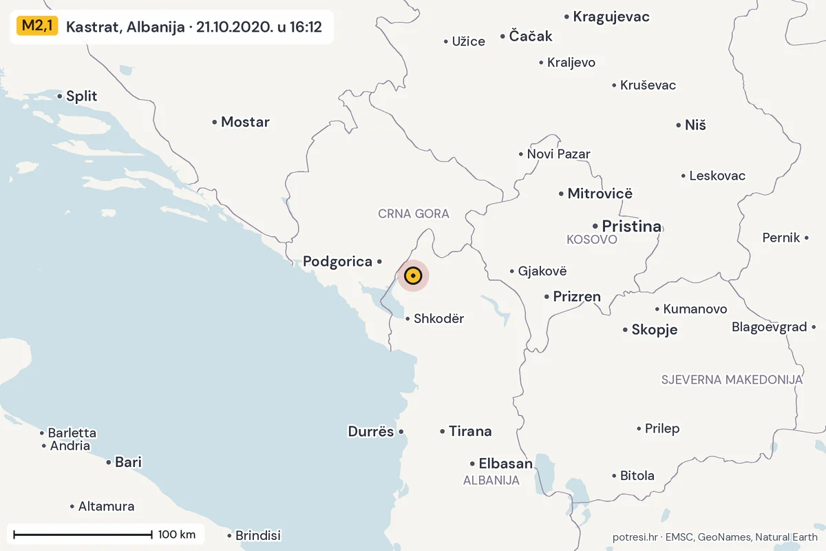 Karta: šire područje, 600 km, potres M2,1, Kastrat, Albanija, 21.10.2020.
