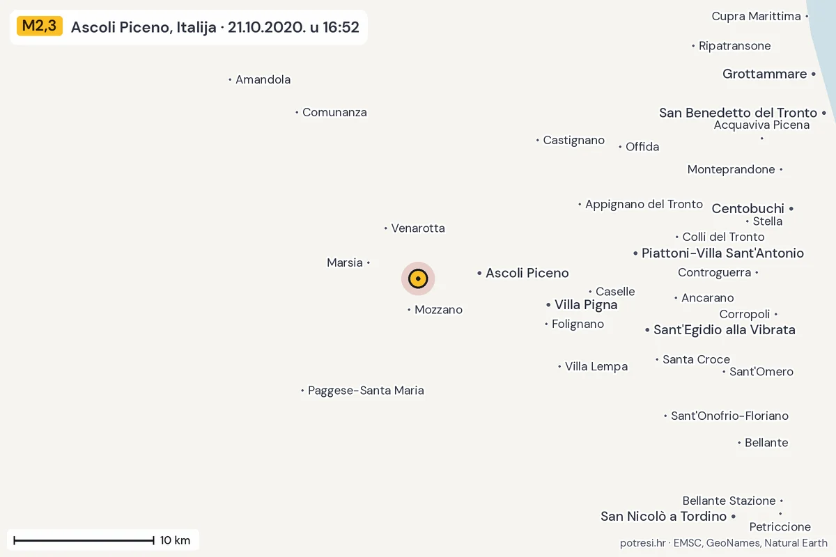 Karta: okolica epicentra, 60 km, potres M2,3, Ascoli Piceno, Italija, 21.10.2020.