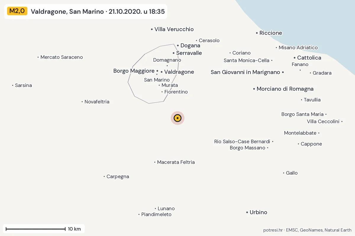 Karta: okolica epicentra, 60 km, potres M2,0, Valdragone, San Marino, 21.10.2020.