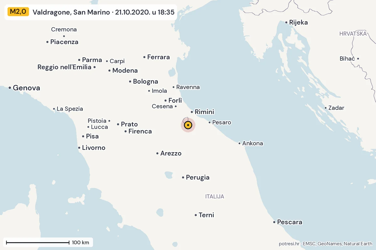Karta: šire područje, 600 km, potres M2,0, Valdragone, San Marino, 21.10.2020.