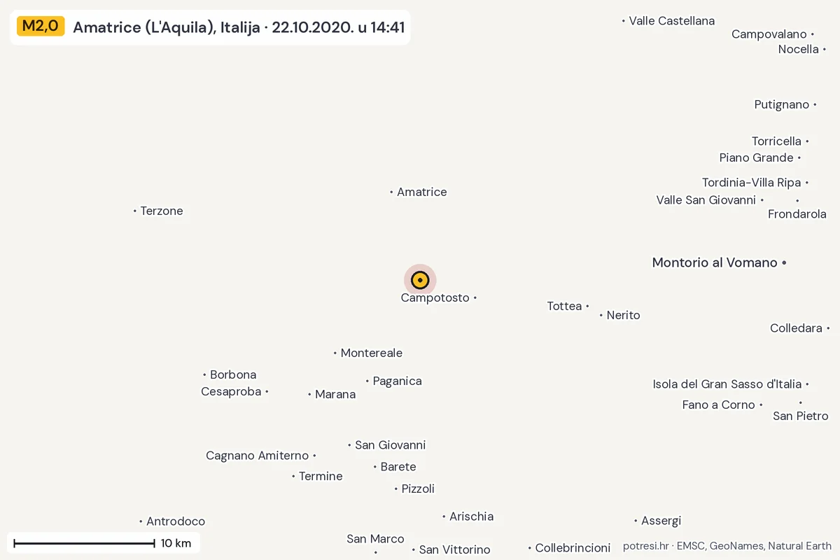 Karta: okolica epicentra, 60 km, potres M2,0, Amatrice (L'Aquila), Italija, 22.10.2020.