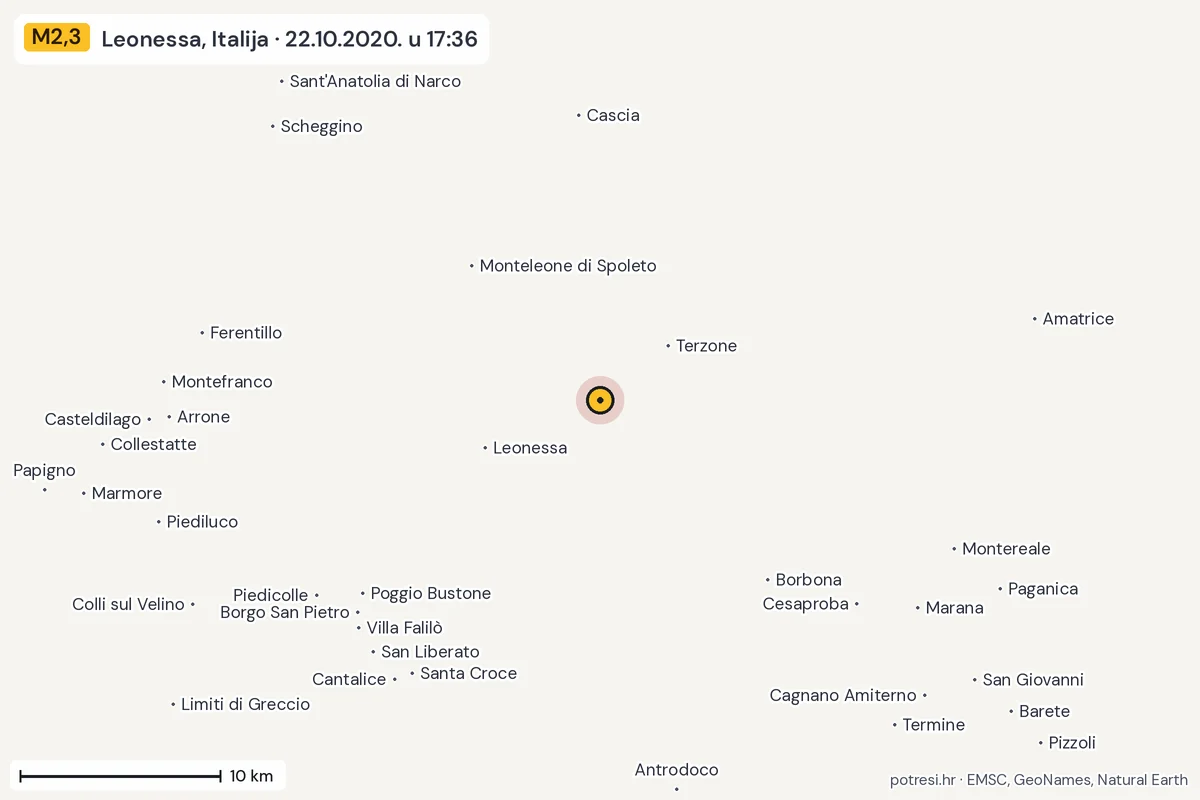 Karta: okolica epicentra, 60 km, potres M2,3, Leonessa, Italija, 22.10.2020.