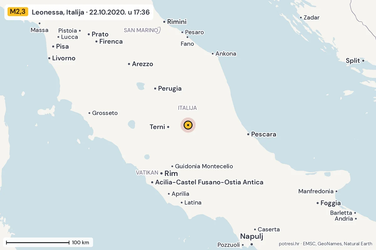 Karta: šire područje, 600 km, potres M2,3, Leonessa, Italija, 22.10.2020.