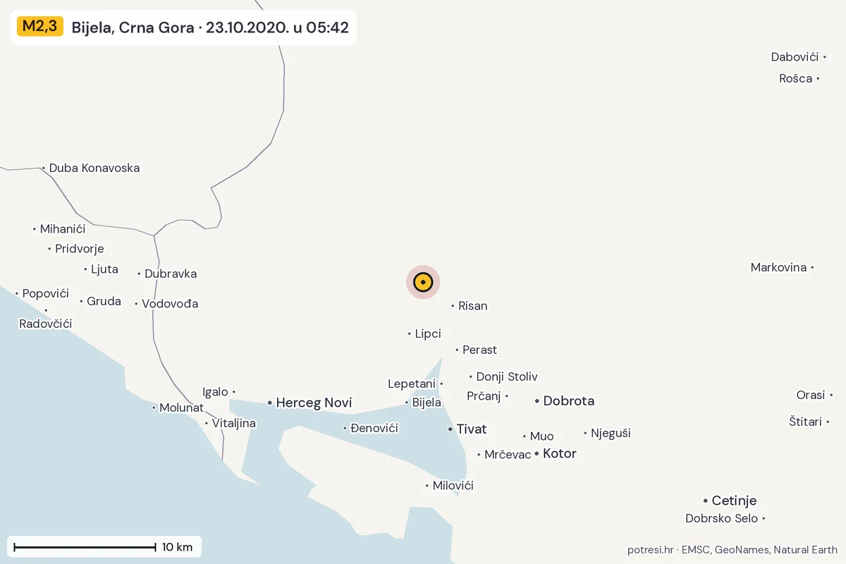 Karta: okolica epicentra, 60 km, potres M2,3, Bijela, Crna Gora, 23.10.2020.