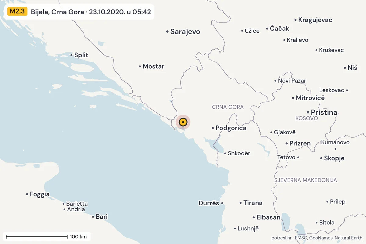 Karta: šire područje, 600 km, potres M2,3, Bijela, Crna Gora, 23.10.2020.