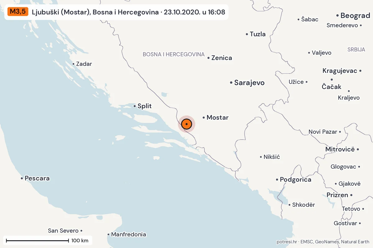 Karta: šire područje, 600 km, potres M3,5, Ljubuški (Mostar), Bosna i Hercegovina, 23.10.2020.