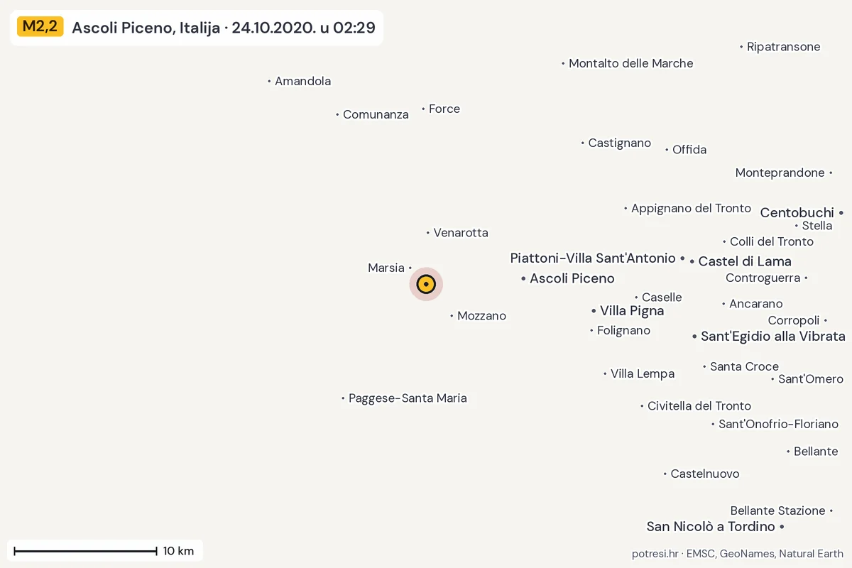 Karta: okolica epicentra, 60 km, potres M2,2, Ascoli Piceno, Italija, 24.10.2020.