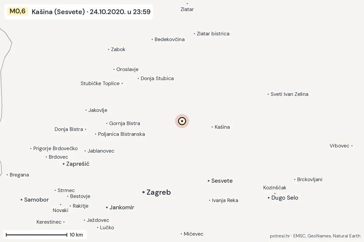Karta: okolica epicentra, 60 km, potres M0,6, Kašina (Sesvete), 24.10.2020.