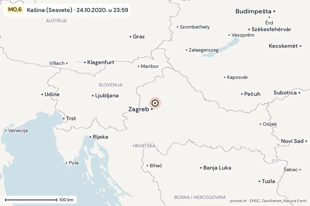 Karta: šire područje, 600 km, potres M0,6, Kašina (Sesvete), 24.10.2020.