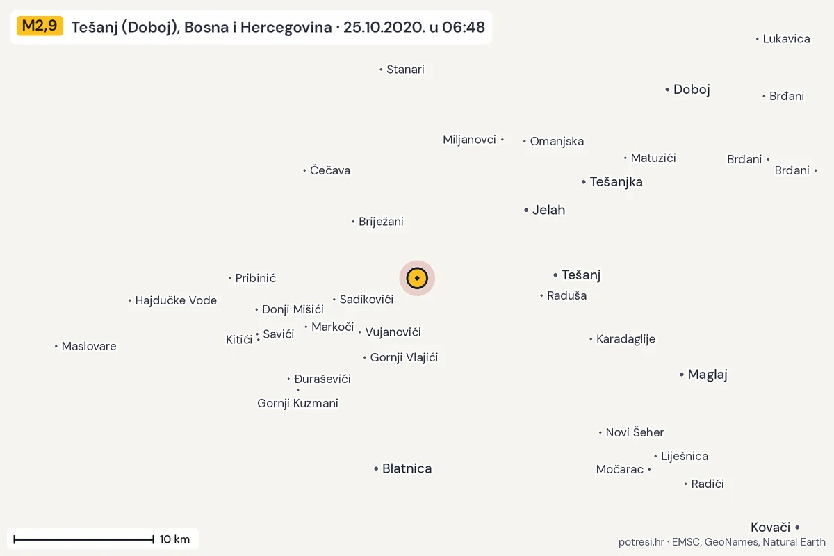 Karta: okolica epicentra, 60 km, potres M2,9, Tešanj (Doboj), Bosna i Hercegovina, 25.10.2020.