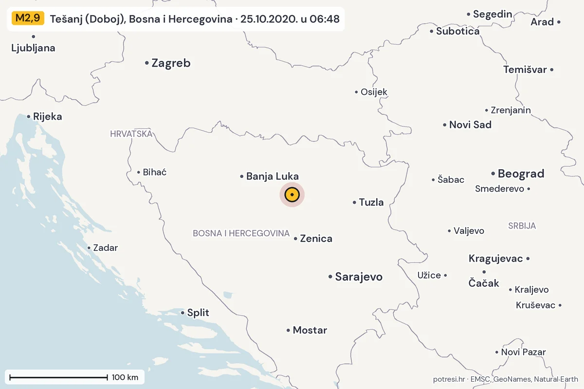 Karta: šire područje, 600 km, potres M2,9, Tešanj (Doboj), Bosna i Hercegovina, 25.10.2020.