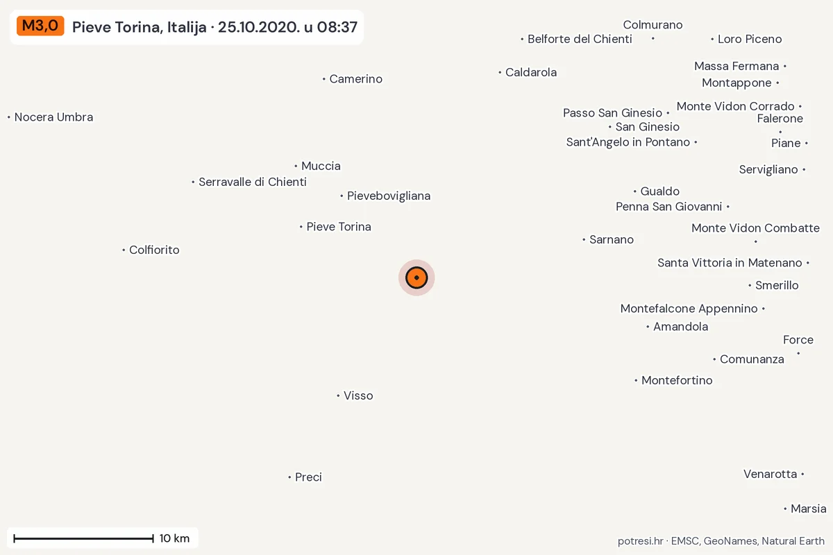 Karta: okolica epicentra, 60 km, potres M3,0, Pieve Torina, Italija, 25.10.2020.