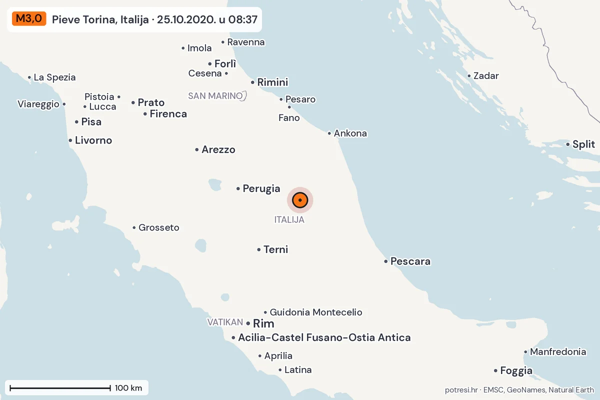 Karta: šire područje, 600 km, potres M3,0, Pieve Torina, Italija, 25.10.2020.