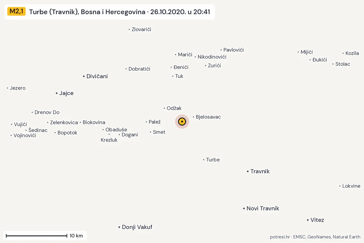 Karta: okolica epicentra, 60 km, potres M2,1, Turbe (Travnik), Bosna i Hercegovina, 26.10.2020.