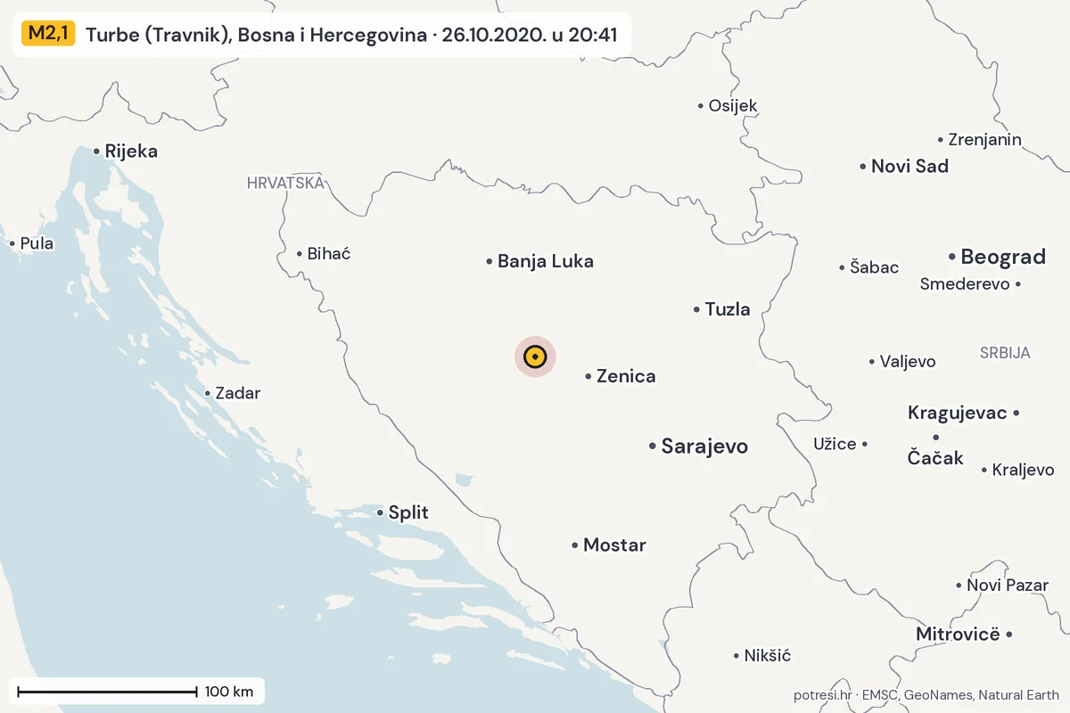 Karta: šire područje, 600 km, potres M2,1, Turbe (Travnik), Bosna i Hercegovina, 26.10.2020.
