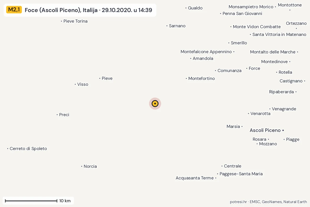 Karta: okolica epicentra, 60 km, potres M2,1, Foce (Ascoli Piceno), Italija, 29.10.2020.