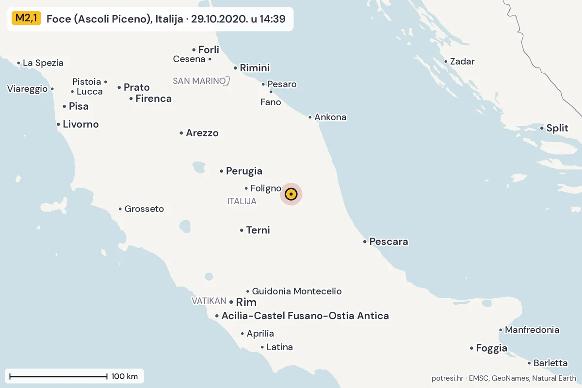Karta: šire područje, 600 km, potres M2,1, Foce (Ascoli Piceno), Italija, 29.10.2020.