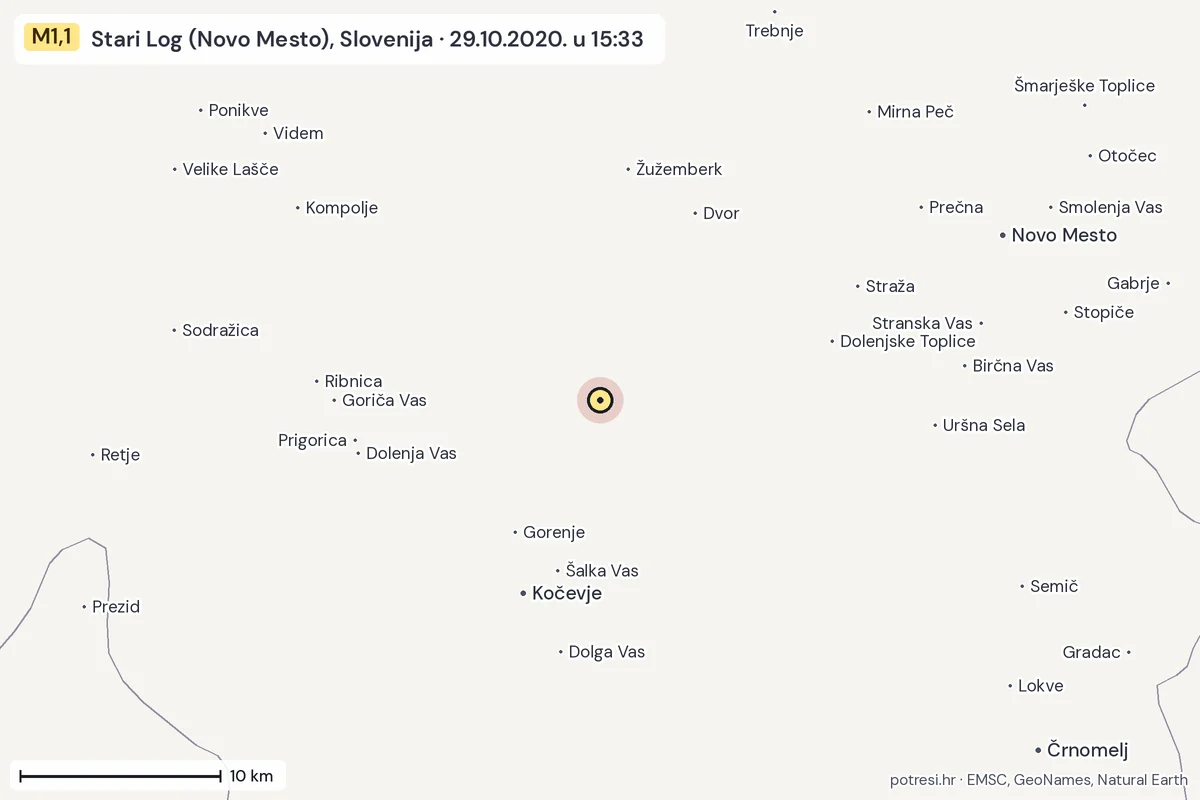 Karta: okolica epicentra, 60 km, potres M1,1, Stari Log (Novo Mesto), Slovenija, 29.10.2020.