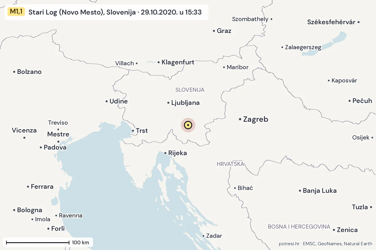Karta: šire područje, 600 km, potres M1,1, Stari Log (Novo Mesto), Slovenija, 29.10.2020.