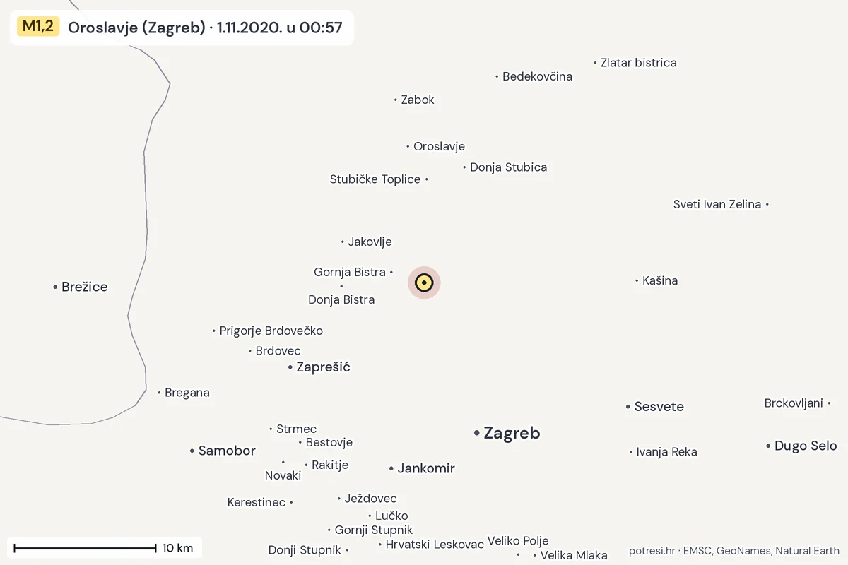 Karta: okolica epicentra, 60 km, potres M1,2, Oroslavje (Zagreb), 1.11.2020.