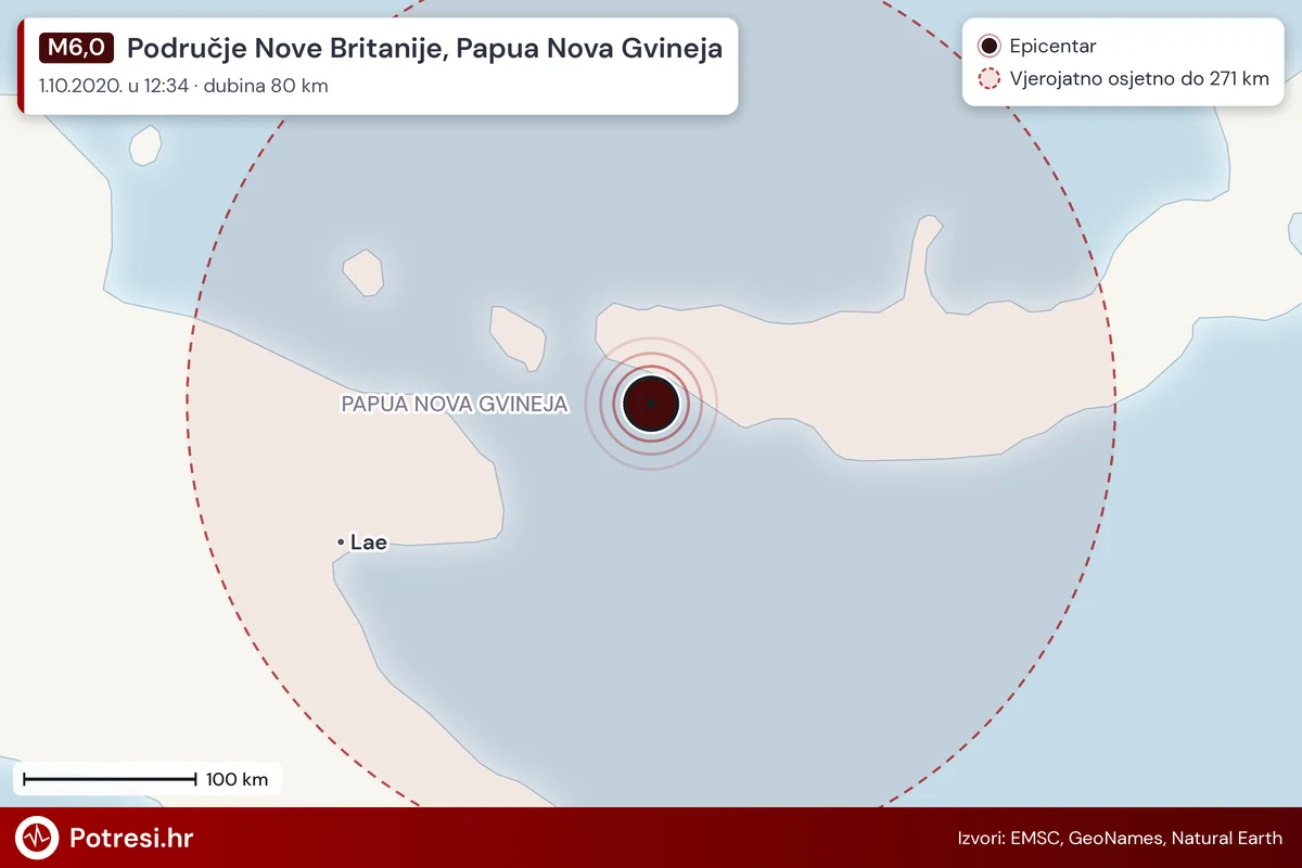 Karta: šire područje i vjerojatni doseg osjeta, potres M6,0, Područje Nove Britanije, Papua Nova Gvineja, 1.10.2020.