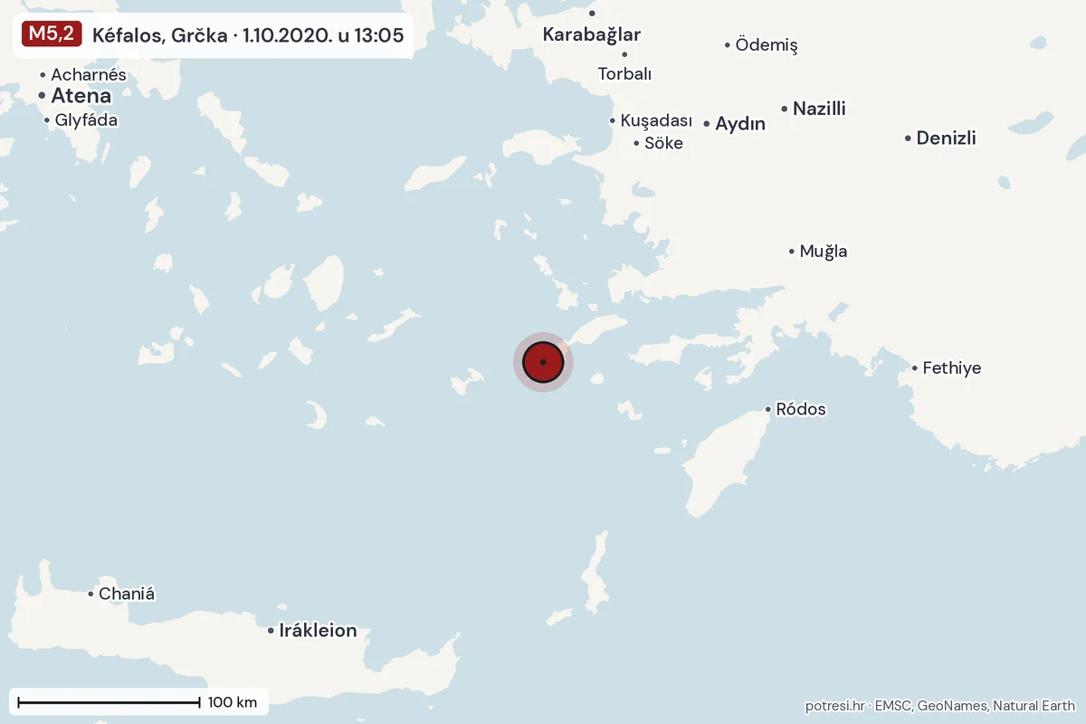 Karta: šire područje, 600 km, potres M5,2, Kéfalos, Grčka, 1.10.2020.