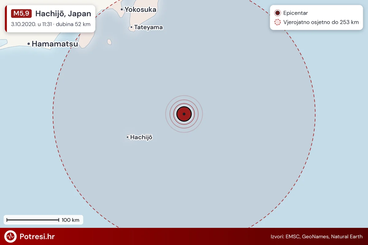 Karta: šire područje i vjerojatni doseg osjeta, potres M5,9, Hachijō, Japan, 3.10.2020.