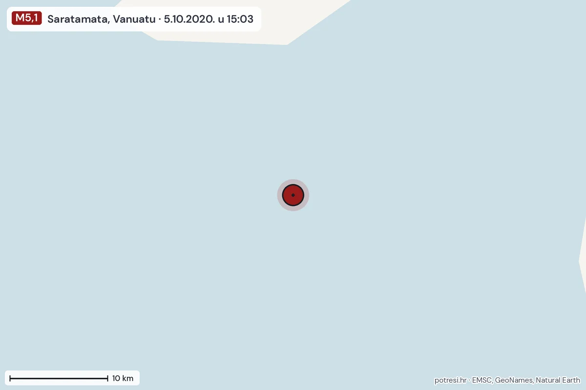 Karta: okolica epicentra, 60 km, potres M5,1, Saratamata, Vanuatu, 5.10.2020.