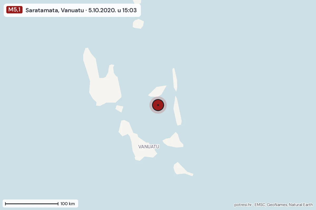 Karta: šire područje, 600 km, potres M5,1, Saratamata, Vanuatu, 5.10.2020.