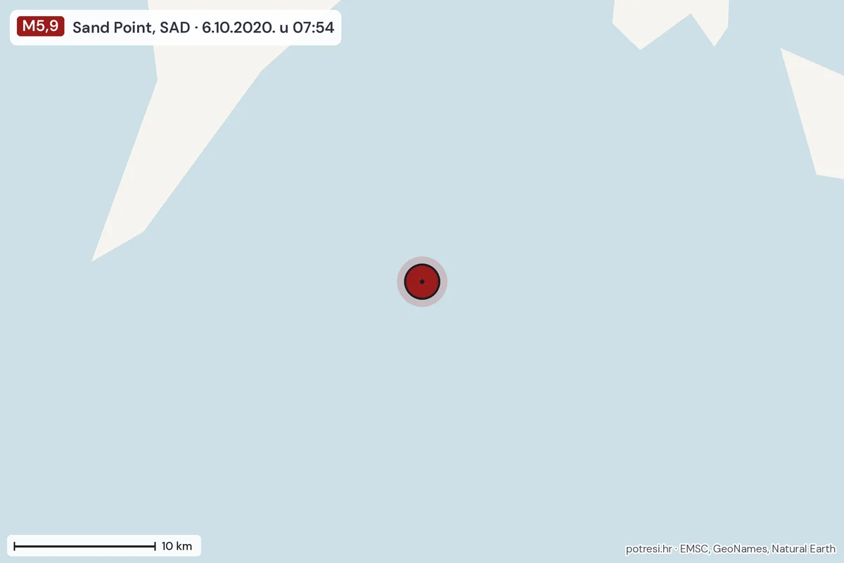 Karta: okolica epicentra, 60 km, potres M5,9, Sand Point, SAD, 6.10.2020.