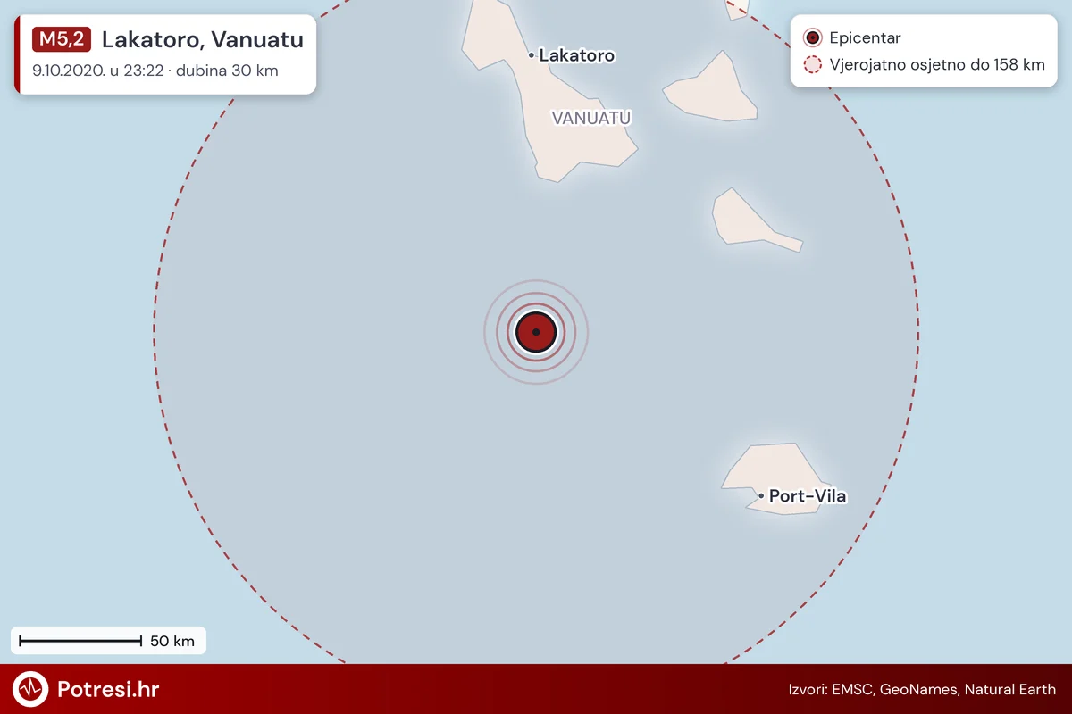 Karta: šire područje i vjerojatni doseg osjeta, potres M5,2, Lakatoro, Vanuatu, 9.10.2020.