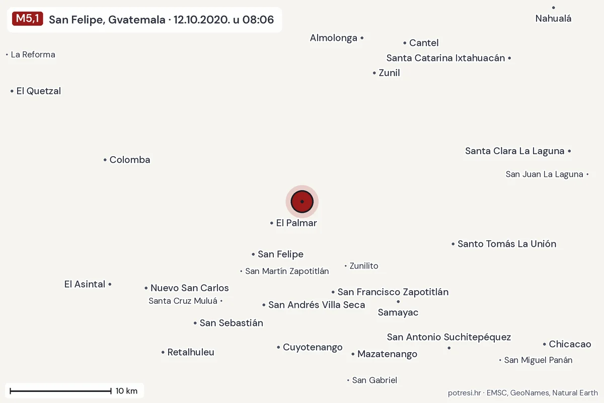 Karta: okolica epicentra, 60 km, potres M5,1, San Felipe, Gvatemala, 12.10.2020.