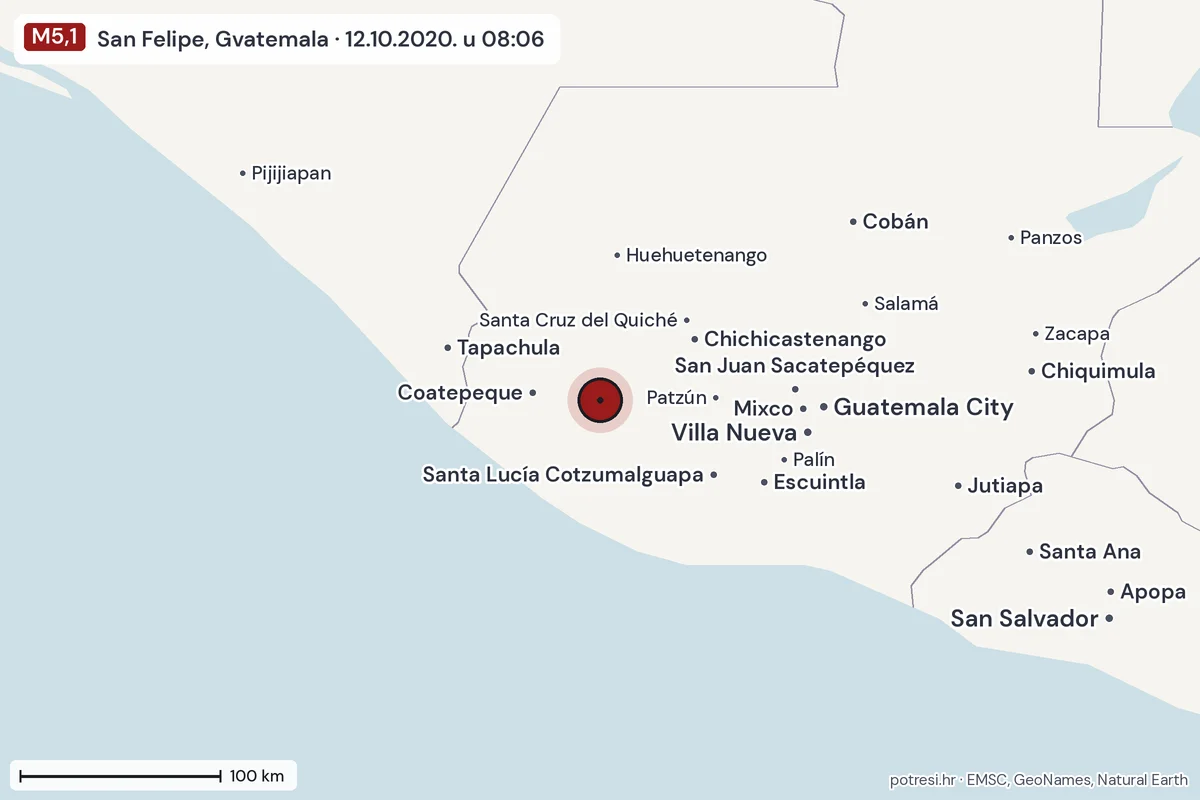 Karta: šire područje, 600 km, potres M5,1, San Felipe, Gvatemala, 12.10.2020.